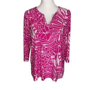 Pappagallo Pink White Tropical Floral Split Neck 3/4 Sleeve Tunic Top PM
